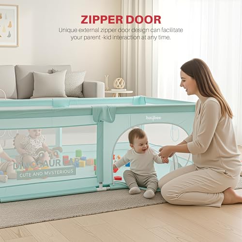 Image of Baybee Kids Playpen for Babies | Baby Play Area Indoor Setup with Zipper Door & Toys Pouch (Dark Green)