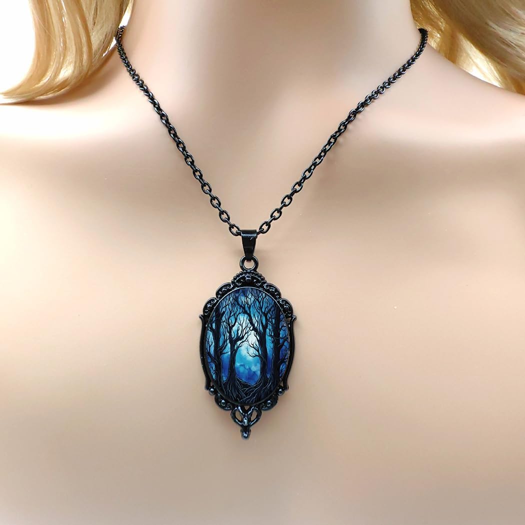 Halloween Cameo Earring Necklace Set for Women Gothic Witch/Tree of Life Earring Necklace Set Vintage Crystal Glass Earring Necklace Set Punk Rock Style Earring Necklace Set Victoria Cameo Mystic Witch Jewelry Set Accessories - Image 2