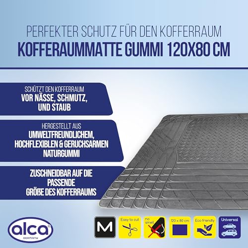alca® Kofferraummatte Gummi 120x80 cm I zuschneidbar I rutschfest I Schutzmatte für Kofferraum I schwarz I für PKW, SUV, Kombi I schützt vor Nässe, Schmutz und Unterbodenschäden