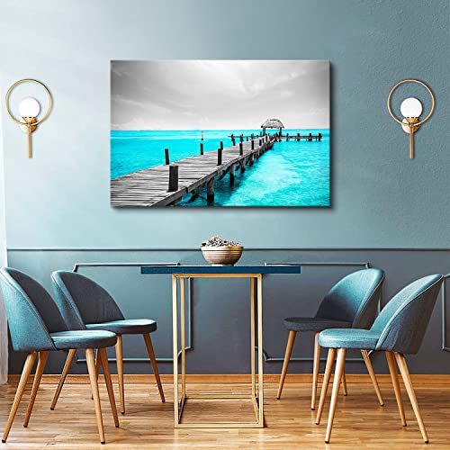 Image of Teal Blue Ocean Beach Wall Art Tropical Black and White Coastal Canvas Decor 24x36 inch Grey Mexico Cancun Bridge Seascape Prints Pictures Modern Artwork for Living Room Bedroom Bathroom Home Decoration