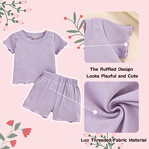 Image of Toddler Girl Clothes Summer Outfit Short Sleeve Shorts Set 12M-5T | Soft ribbed knit toddler girl outfit with breathable fabric, ruffle top, comfy shorts and stretchy fit for summer daily wear.