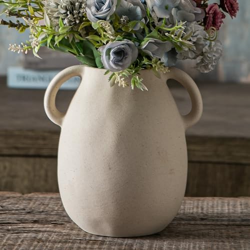 Tanvecle Off-White Ceramic Vase with 2 Handles, Sandstone Texture for Modern Farmhouse Decor, Rustic...