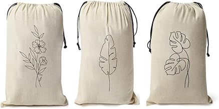 Woopme Leafs Plants Reusable & Washable Shoe Covers/Bags with Drawstring Closure Handcrafted Doodle Collection Ideal for Travel, Home & Storage Combo Pack of 3 Off-White