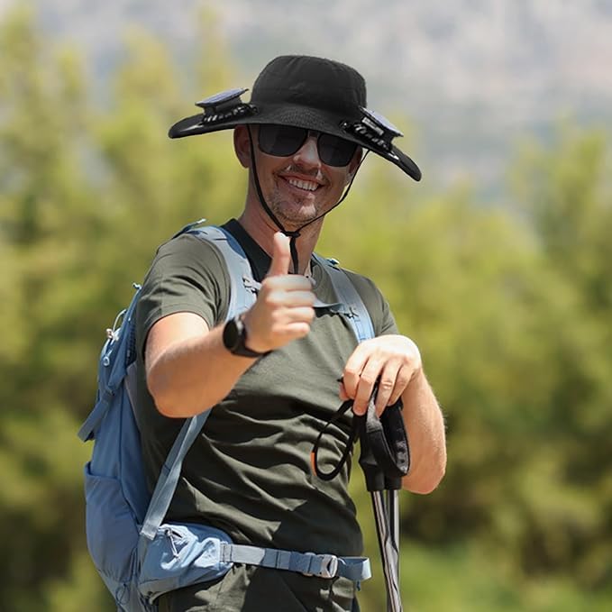 Image of Fishing Hats with Sunglasses, Wide Brim Sun Hat with 2 Solar Fan, USB & Solar Powered Fishing Hats, Solar Fan Hats UPF 50+