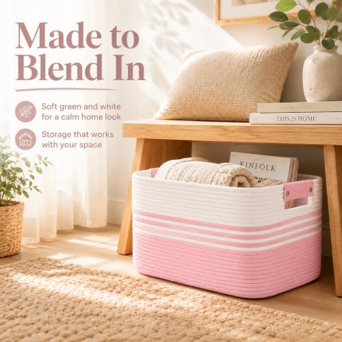 Image of 19.2GAL Sturdy Large Laundry Basket with Handles for Dirty Clothes, Portable Aesthetic Boho Cute Woven Storage Blanket Baskets for Living Room Decor and throws pillows Kids Toys Bath Towle White Pink