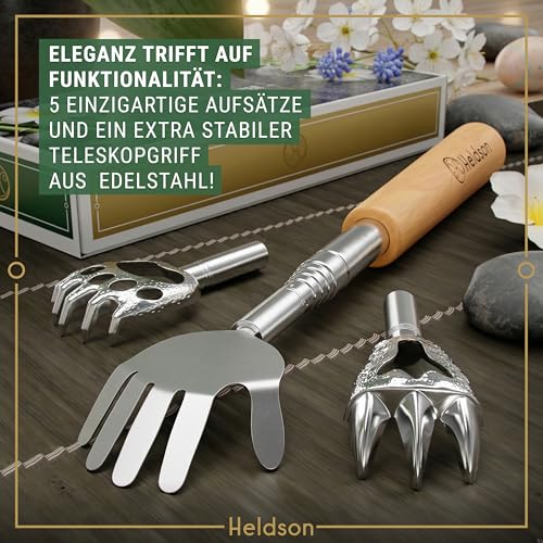 HELDSON® Rückenkratzer Holz [Inklusive 5 Kratzaufsätze] - Vatertagsgeschenk - Männer Geschenke - Geschenkset - Vatertag - Kratzhand - Rücken Massage - Geschenk für Papa - Geschenkideen 3