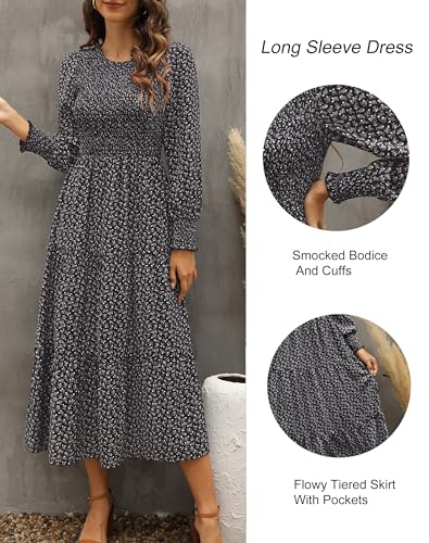 Zattcas Womens Fall Dresses 2025 Casual Long Sleeve Smocked Boho Floral Tiered Midi Wedding Guest Dress with Pockets4
