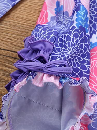 Image of Infant Baby Girls Swimsuit One Piece Swimwear Long Sleeves Floral Printed Ruffled Rashguard Zipper Bathing Suit