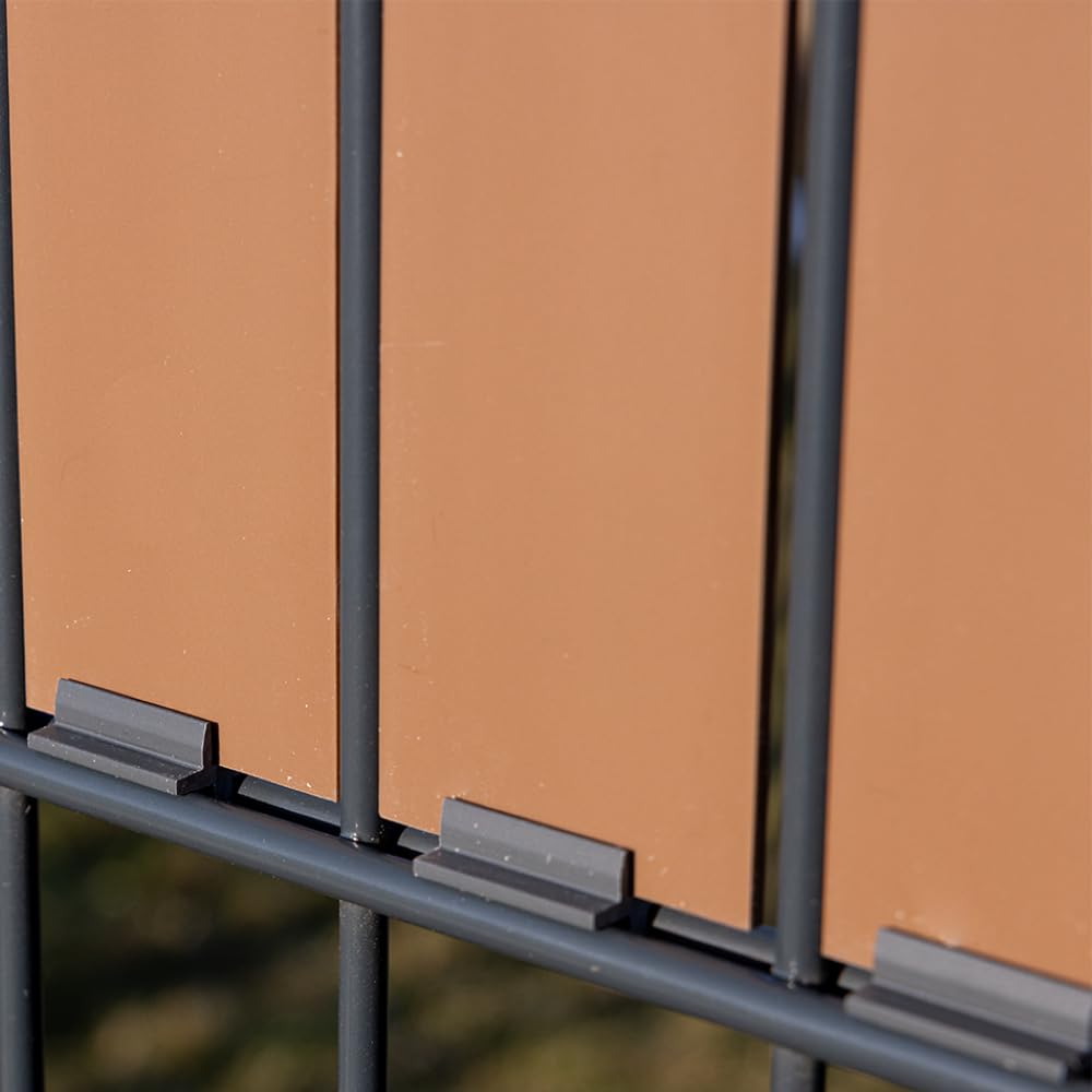 wodewa FLEXIO Sichtschutz Copper 1630mm | vertikale Kunststoff Sichtschutzstreifen für Doppelstabmattenzaun | 11 Streifen + 12 Clips Bautyp 6/5/6 und 8/6/8 | Wetterfest | Made in Germany