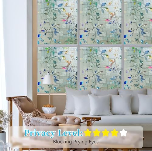 Image of WALLMATE Window Privacy Film Frosted Vinyl Glass Covering, UV Blocking, Non-Adhesive, No-Glue, for Bathroom Living Room Office,(12x66 Inch, Rainbow Leaf)