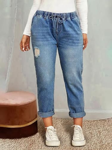 Flamingals Women's Baggy Cropped Jeans Drawstring Mid Rise Boyfriend Carrot Barrel Roll Hem Jeans4