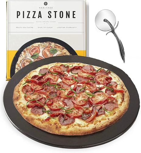 15 Inch Ceramic Pizza Stone Set - Non-Stick Stain-Free with Bonus Cutter (Round 15 Inch)