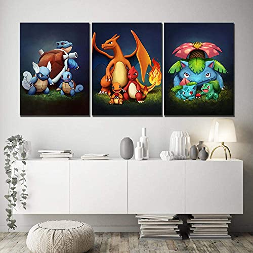 YDH Toile Peinture Imprimé Décoration de La Maison 3 Pcs Pokemon Poche Monstre Anime Oeuvre Murale Modulaire Photos Affiche pour Le Salon, sans Cadre (30 * 40 * 3CM)