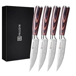 PAUDIN Steak Knives Set of 4, Ultra Sharp Steak Knives 5.25 Inch, High Carbon Stainless Steel Serrated Steak Knife Set Pakkawood Handle, Kitchen Knives Set with Gift Box