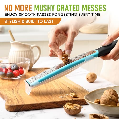 Image of Spring Chef Premium Lemon Zester Grater with Handle - Fruits, Garlic, Chocolate, Ginger Grater - Heavy Duty Kitchen Tool - Stainless Steel Citrus Zester with Blade Cover - Fine Shred - Aqua Sky