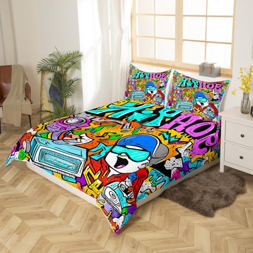 Boys Hip Hop Bedding Set for Kids Boys Teens Youth Hippie Duvet Cover 2 Pieces 135 x 200cm & 2Pillowcase Watercolor Graffiti Soft Microfiber Graffiti Wall Art Design Comforter Cover with Zipper - Image 2