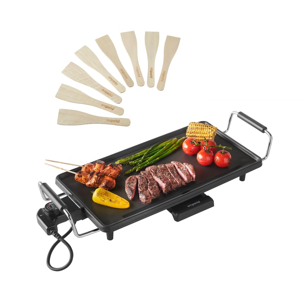 Emperial Teppanyaki Grill - Electric BBQ Grill with Non-Stick Table Top Plate, 2000W, Easy Clean, Adjustable Temperature Control, Oil Drip Tray & 8 Spatulas - 46x26x10cm