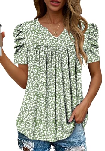 KISSMODA Tops for Womens Summer Cute Short Sleeve Shirts Trendy Notched Neck Blouses Casual Loose Pleated Tunics S-3Xl