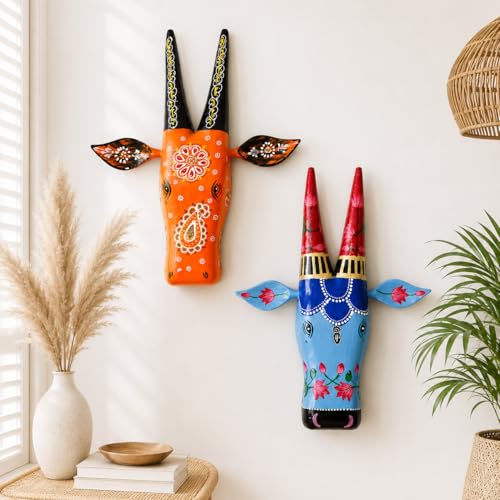 Image of Framing Hub - Handcrafted Multicolor Cow Head Wall Hanging | Traditional Indian Wooden Art | Decorative Animal Face Mask for Living Room Decor | Nandi Inspired Wall Sculpture (Set of 2)