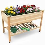 QZZIZ Raised Garden Bed, 48x24x32 inch Raised Garden Bed with Lockable Wheels, Planters for Outdoor Plants with Storage Shelf, Natural Wood, 35 Gallons, 300 LBS Capacity