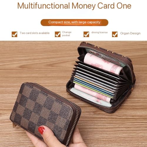 Brown and Khaki Checkerboard RFID Blocking Credit Card Holder Brown Checkered men's and women's small zipper card sleeves (18 card slots+2)4