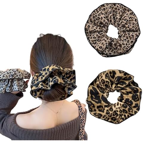 FRDTLUTHW 2PCS Oversized Hair Scrunchies,Double Layer Big Scrunchies for Women,French Leopard Print Jumbo Hair Ties for Ponytail Holders,Large Elastic Hair Ties for Thick Hair,Cute Hair Accessories Cover