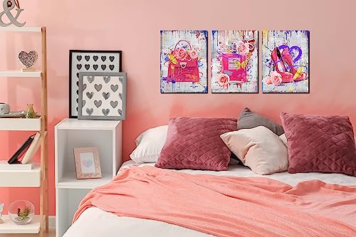 Cirabky Handbag Fashion Wall-Art For Bedroom - Perfume Pink Wall Decor - 3 Piece Wall Art Designer Poster High Heels Pictures Ready To Hang Size 12" X 16" #TOP1