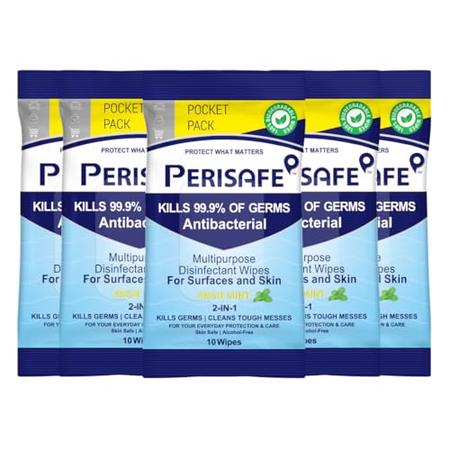 Image of PERISAFE Multipurpose Disinfectant Wipes For Surfaces & Skin |10 Wipes (Pack of 5) | 100% Biodegradable | Antibacterial | 2-IN-1 | Kills Germs & Cleans Tough Messes | Fresh Mint | Pocket Pack
