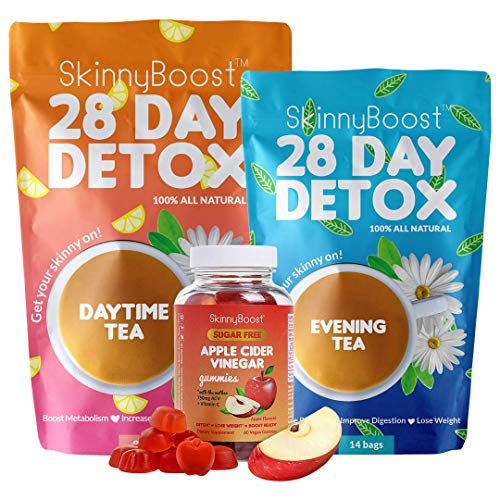 Skinny Boost Detox Power Kit-1 Daytime Tea (28 Bags)1 Evening Detox Tea (14 Bags) Plus 1 SUGAR FREE Apple Cider Vinegar Gummies (60 Vegan Gummies), Supports Detox & Cleanse-Non GMO, Vegan, All Natural