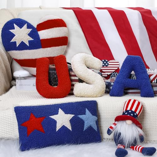 Beeveer 5 Pcs Patriotic Pillows 4th of July Independence Day Memorial Day Wool Throw Pillows American Flag Stripe USA Stars Heart Shaped Red Blue White Plush Cushion for Sofa Couch Bedroom