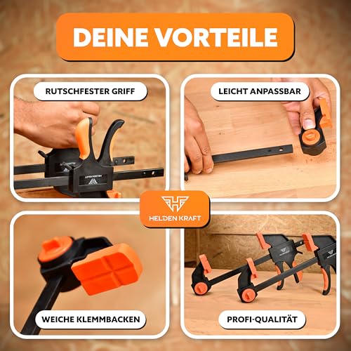 HELDENKRAFT® Einhandzwinge [2 Stück] - Zwingen Set mit hochwertigen Klemmen zum Spannen [bis 300mm] & Spreizen [155-500mm] - ergonomische Klemmzwingen mit einer Spannkraft bis 70 kg