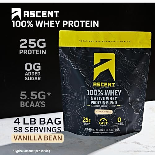 Image of Ascent 100% Whey, Native Whey Protein Blend - Clean Post Workout Recovery, Digesting, Zero Artificial Flavors & Sweeteners, Gluten Free, 5.5g BCAA, 2.6g Leucine, Vanilla Bean 4 lb.
