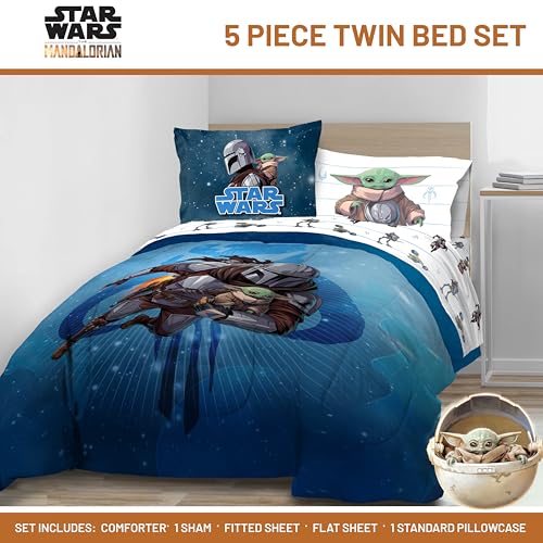 Image of Jay Franco Kids Bed Set, Blue, The Mandalorian, 5 Piece Twin | Cozy Soft Bedding for Stylish Room Decor with Comforter, Sheets & Pillow Covers