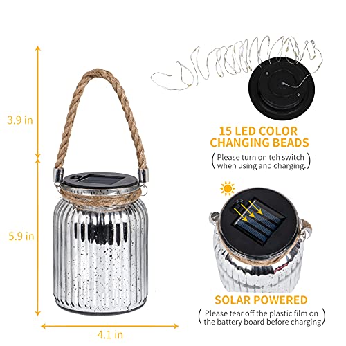 Hanging Solar Lantern Lights Outdoor 2 Pack,20 Led Solar Mercury Glass Mason Jar Hanging Lights Waterproof For Tree, Table, Yard, Garden, Patio, Holiday Party Outdoor Decor, Color Changing #TOP5