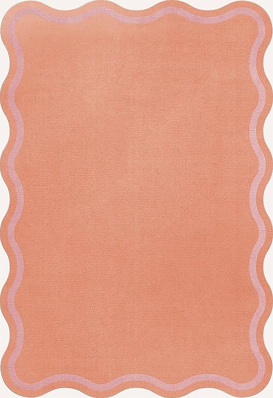 Image of Charming Scalloped Edge Wool Rug in Soft Coral with Lavender Accents, Perfect for Stylish Interiors (4x6 Ft)