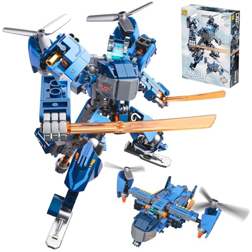 Ubrixmen 2 in 1 Transforming Mech Robot Building Sets, Mecha Robot City Toy Converts to Transport Plane, for Adults Kids Boys Ages 6+(Blue)