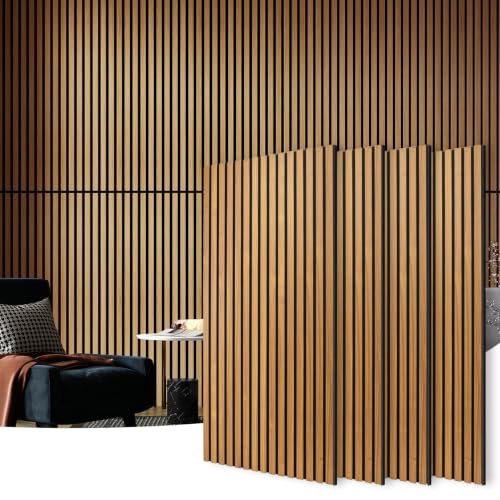 Image of Art3d 4-Pack Fluted Acoustic Wood Slat Wall Panel, 47.2 x 23.6 Inch, Teak