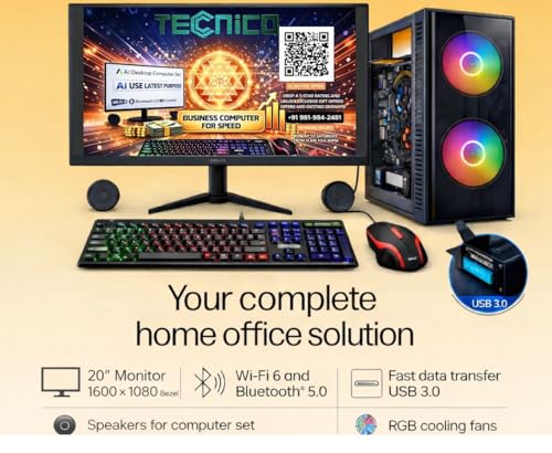 Image of TECNICO AI Ready Desktop PC - Core i5-3470 3.2GHz, 8GB RAM, 128GB SSD + 500GB HDD, 20inch Monitor, Windows 11, WiFi - Supports AI Tools Like ChatGPT for Office, Study & Business