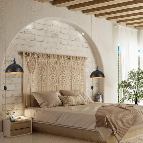 Image of Plug in Pendant Lights Hammered Dome Hanging Lamp with Dimmable Switch 15 Ft Long Hemp Rope Farmhouse Pndant Light Cord Lighting Fixture DIY Hanging Light