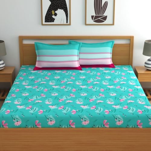 Image of Dreamscape 100% Cotton Queen Fitted Bedsheet with 2 Pillow Covers - (Size 60 x 78 inches, 140 TC, Colour - Sea Green)