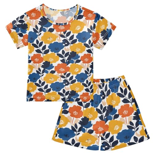 Blue Yellow Cute Flower Pattern Summer Cute Pajama Sets, Short Sets for Daily Wears and Sleep Wears