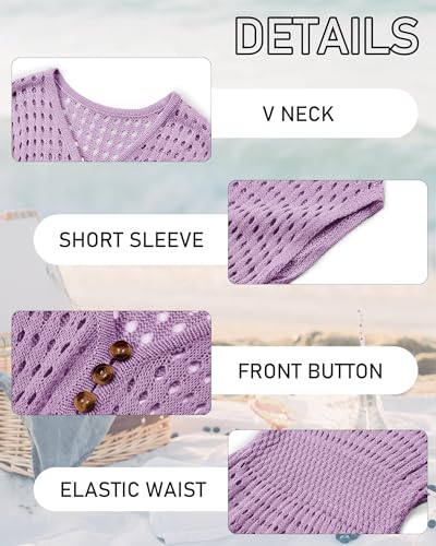 Image of Haloumoning Girls Crochet Swim Beach Cover Up Kids Fashion Button Short Sleeve Swimsuits Cover Ups 5-14 Years