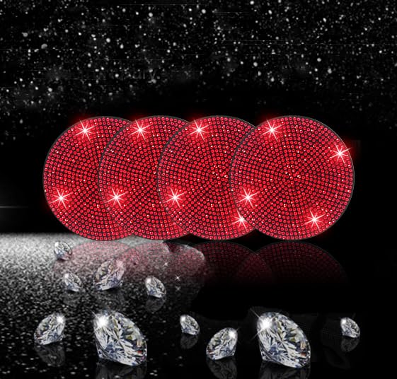 NBTEPEM 4pcs Bling Car Cup Holder Coaster, 2.75 inch Anti-Slip Shockproof Universal Fashion Car Coasters Insert Bling Crystal Rhinestone Automotive Interior Accessories for Women (4 pcs, Red)
