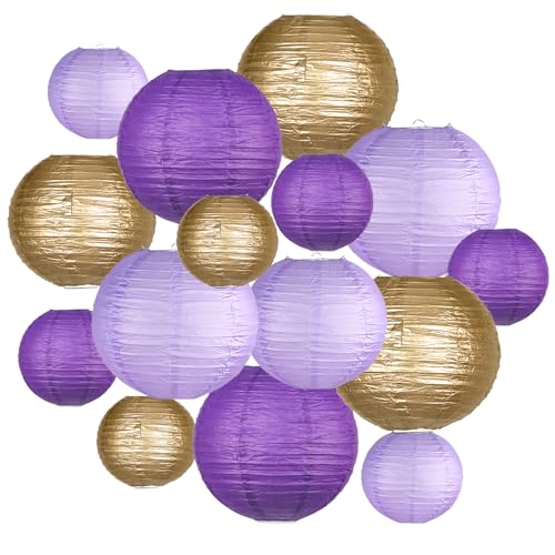 Image of 15-Pack Purple Gold Paper Lanterns, Rapunzel Birthday Decorations | 6, 8 & 10-Inch Round Hanging Set with Wire Frames for Baby Showers, Weddings, Graduations, Mermaid Themes & Ceiling Displays