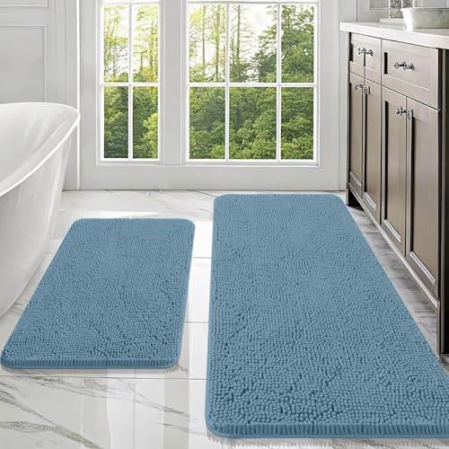 Image of OLANLY Bathroom Rugs Sets 2 Piece, Soft Absorbent Chenille Bath Mats Area Rug Set, Non-Slip, Quick Dry, Machine Washable Bath Mats for Bathroom, Home Decor Accessories (47 inchx20 inch+30 inchx20 inch, Airy Blue)