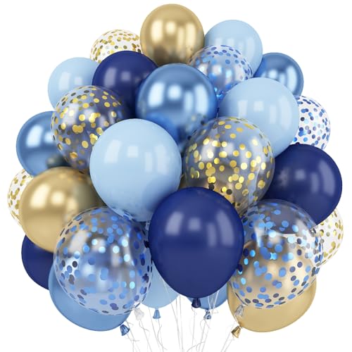 Navy Blue Gold Balloon, 60 Packs 12 Inch Metallic Blue and Macaron Blue Balloons with Metallic Gold Confetti Balloons for Birthday Party Decorations, Wedding, Bridal Shower, Baby Shower, Graduate