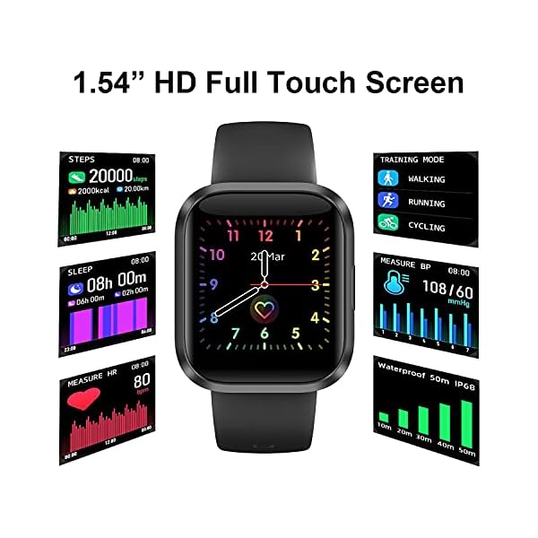 E Easiecom Smart Watch for Android/iOS Phone, 1.54" Full Touch Sreen Activity Tracker,Health Tracker Watch with Heart Rate Monitor Sleep Tracking IP68 Waterproof Smartwatch for Men Women