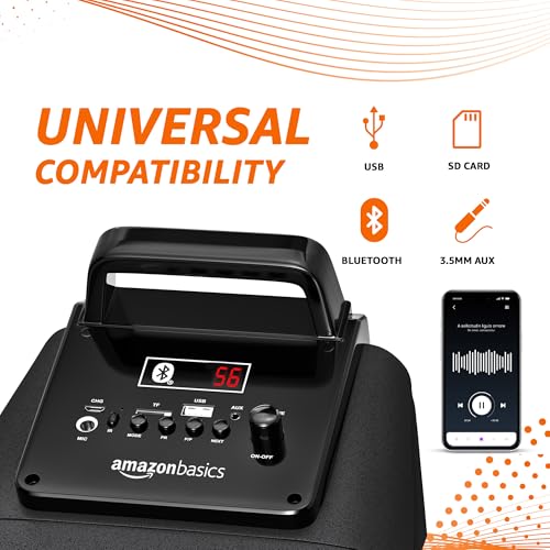 Image of AmazonBasics Party Speaker - Wireless PA Speaker with Lights, Radio, Bass Boost, Mic Input and USB Charging