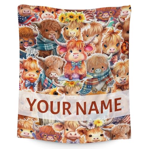 Personalized Highland Cow Blanket Gifts with Name - 50x60 Inches Cute Throw Blanket for Girls & Boys - Brown Soft Fuzzy Blankets for Bed, Couch & Living Room