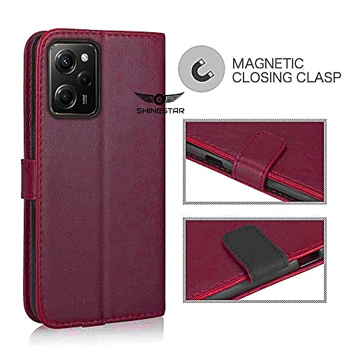 Image of SHINESTAR Poco X5 Pro 5G Flip Back Cover | PU Leather Flip Cover Wallet Case with TPU Silicone Case Back Cover for Poco X5 Pro 5G - Blood Red